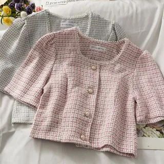 Tweed Outer, Tweed Crop Top, Pink Plaid Shirt, Smart Casual Women, Korean Tops, Tweed Top, Plaid Blouse, Casual Coat, Top Women