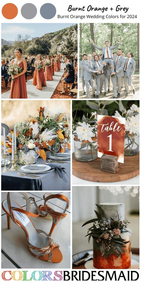 Top 8 Burnt Orange Wedding Color Ideas For 2024 - ColorsBridesmaid Burnt Orange And Silver Wedding, Beach Wedding Burnt Orange, Wedding Cake Burnt Orange, Grey And Orange Wedding Theme, Gray And Burnt Orange Wedding, Orange And Gray Wedding, Grey Groomsmen Suits, Spanish Weddings, Orange Wedding Theme