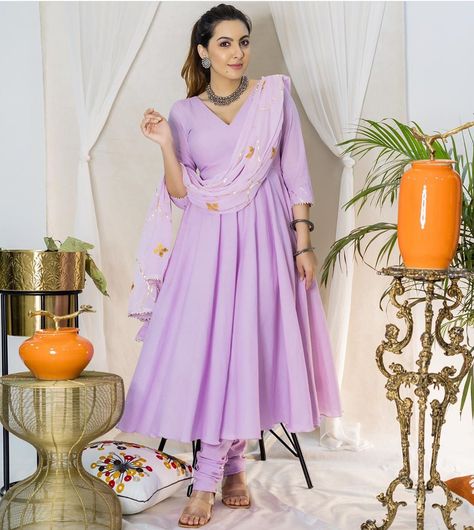 Lilac Anarkali Dress, Lilac Anarkali Suits, Cotton Umbrella Kurti, Lilac Anarkali, Gotapatti Suit, Umbrella Kurti, Purple Anarkali, Gota Patti Work, Long Anarkali