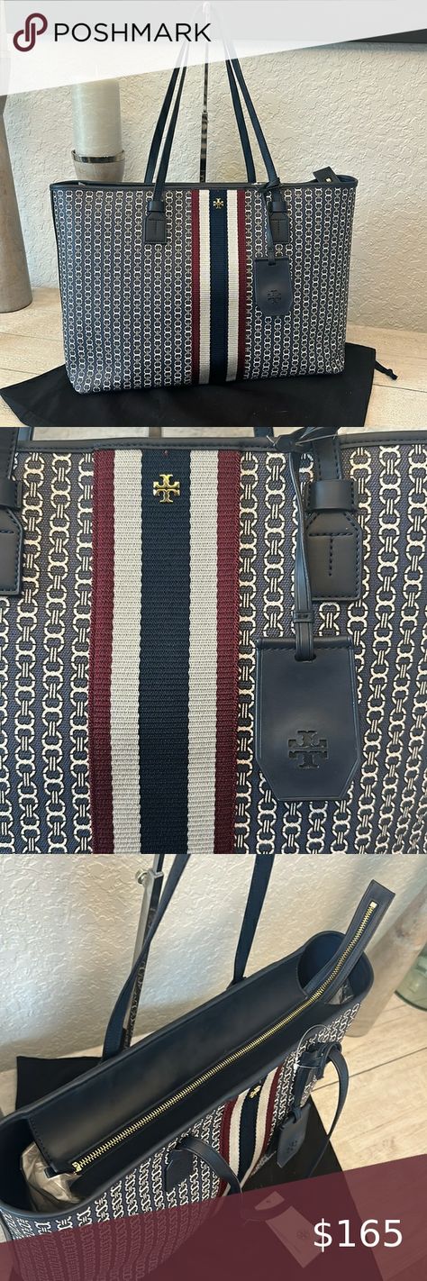 Tory Burch GEMINI LINK TOTE (LARGE) Navy Zip Top Tote Tory Burch Gemini Link Tote, T Logo, Zip Top, Tory Burch, Handles, Trim, Handbags, Navy, Closet