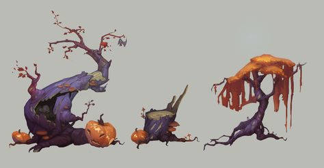 Halloween Environment Concept Art, Trees Concept Art, Halloween Concept Art, Halloween Environment, Tree Concept Art, Character Art Ideas, Halloween Illustration Design, Doodle Trees, Plants Doodle