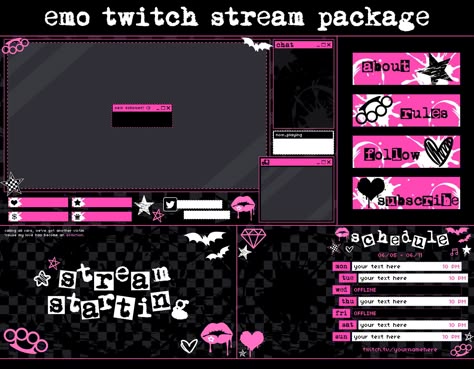 Gaming Layout Design, Gothic Stream Overlay, Y2k Twitch Overlay, Pink Twitch Overlay, Pink And Black Gaming Setup, Vtuber Layout, Stream Overlay Design, Scenecore Aesthetic, Twitch Layout