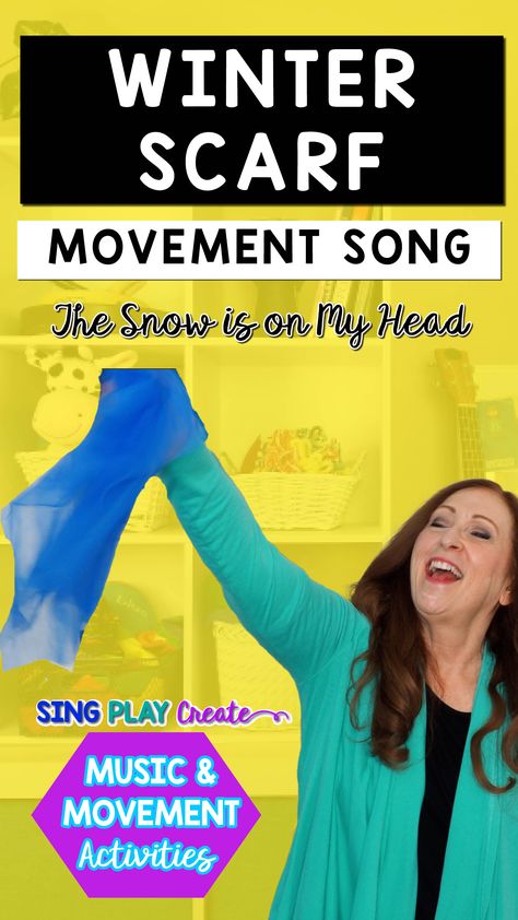 Read this blog post to learn this Fun winter scarf movement activity for children. "The Snow is on My Head" Movement Song with a scarf. Help your students learn head, shoulders knees toes (body parts) as they sing this fast paced song. I like to use this as a warm up activity before doing a longer scarf movement. This is an easy tutorial for a winter scarf dance you can use with toddlers up to 2nd graders. LEARN MORE Preschool Christmas Songs, Winter Music Activities, Movement Preschool, Rhythm Sticks, Preschool Music Activities, Orff Music, Movement Songs, Music Class Activities, Rhythm Activities