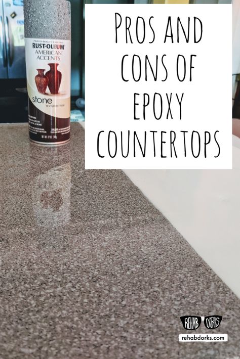 pros and cons of epoxy countertops. Stone spray paint with epoxy resin. Spray Paint Countertops, Countertops Stone, Stone Spray Paint, Painting Kitchen Countertops, Resin Spray, Refinish Countertops, Countertop Kit, Countertop Makeover, Epoxy Countertops