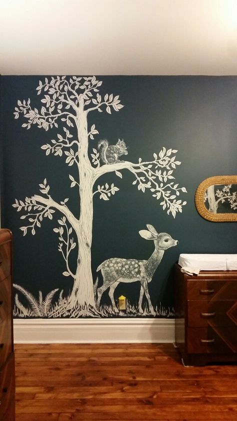 #woodland #nursery Hand-painted Woodland nursery mural inspired by vintage fabric.  Mural by Cara Halderman Nursery Mural, Nursery Paintings, Baby Bedroom, Nursery Inspiration, Baby's Room, Baby Boy Rooms, Woodland Nursery, Baby Boy Nurseries