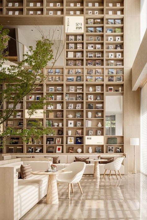 Biophilic Library Design, Biophilic Library, Library Cafe, Space Hotel, Wood Chair Design, Library Architecture, Pharmacy Design, Shelving Design, Coffee Shops Interior