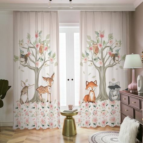 "Woodland Nursery Curtains, floral baby room curtains, bear, fox, deer,  nursery curtains, woodland theme baby Nursery, Woodland Window Panel ♥ WHY THESE WOODLAND CURTAINS ARE A GREAT BUY? Nurseries are a special place that should be cozy and comfy for your baby. Curtains should create a napping environment by blocking outside light while still letting your baby enjoy beautiful views with soft-focus backgrounds. These curtains feature beautiful and subtle designs. Don't hesitate to compliment th Nursery Curtains Girl, Forest Nursery Girl, Woodland Curtains, Baby Curtains, Woodland Baby Girl, Woodland Theme Baby, Baby Room Curtains, Woodland Nursery Girl, Nursery Woodland