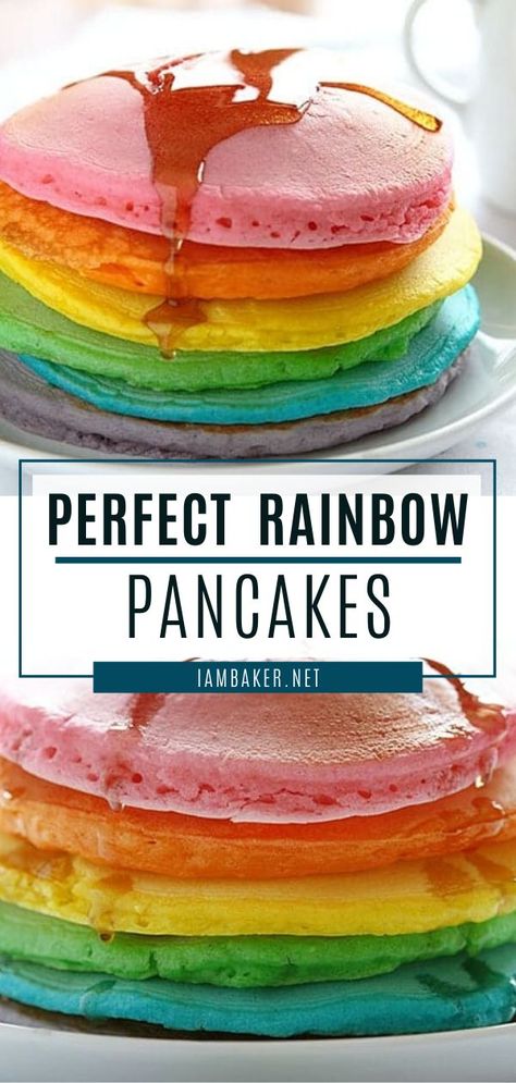 Perfect Rainbow Pancakes are fun to create with your kids! Celebrate Easter with these fluffy treats made more special and beautiful in technicolor. A perfect breakfast menu idea just in time for Easter! Save this and try it! Kid Pancake Ideas, Kids Birthday Breakfast Ideas, Birthday Breakfast Kids, Fun Kid Breakfast, Kid Breakfast, Rainbow Pancakes, Kids Pancakes, Rainbow Desserts, Kid Foods