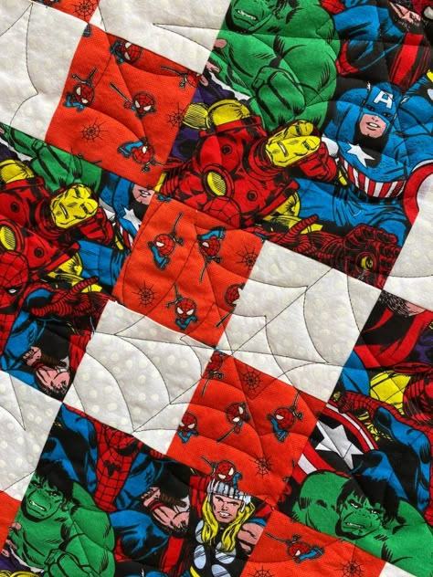 Marvel Quilt, Superhero Quilt, Marvel Fabric, Star Wars Quilt, Boys Quilt Patterns, Baby Superhero, I Spy Quilt, Baby Quilt Pattern, Straight Line Quilting