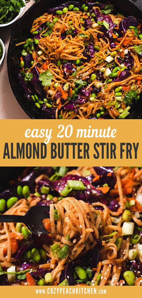 Easy Vegan Stir Fry, Vegetarian Bean Recipes, Almond Butter Sauce, Veggie Spring Rolls, Rice Noodles Stir Fry, Vegan Stir Fry, Peach Kitchen, Quick Protein, Easy Vegetable Side Dishes