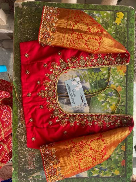 Pattu Blouse Works, Pattu Saree Blouse Maggam Work Designs, Maroon Blouse Maggam Designs, Red Gold Blouse Designs, Red And Blue Maggam Work Blouses, Red Blouse Computer Work Designs, Gold Neackle Set, Pattu Blouse Hand Designs, Pattu Border Maggam Work Designs