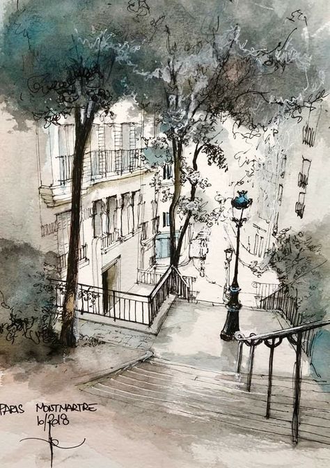 Architecture Drawing Sketchbooks, Watercolor Architecture, Montmartre Paris, Architecture Drawing Art, Architectural Drawing, Urban Sketchers, Arte Sketchbook, Fan Art Drawing, Urban Sketching