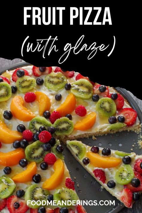 This Fruit Pizza has a creamy topping, shortbread crust, and is loaded with fresh fruit then drizzled with an orange glaze. It's a nice healthy and light dessert that's perfect for a summer cookout, potluck or BBQ. Fruit Pizza Pioneer Woman, Fruit Pizza Glaze Recipe, Glazed Fruit Pizza, Fruit Pizza With Orange Juice Glaze, Fruit Pizza With Glaze Topping, Pampered Chef Fruit Pizza, Fruit Pizza With Glaze, Pampered Chef Fruit Pizza Recipe, Fall Fruit Pizza