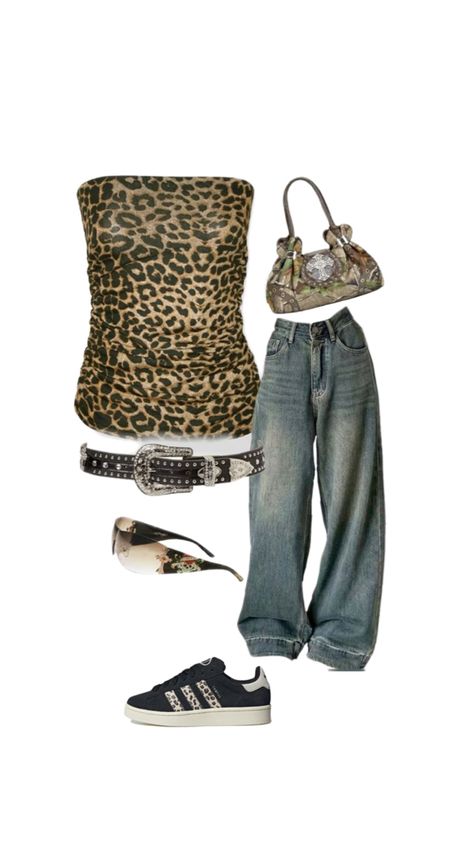 Leopard Y2k Outfit, Leopard Print Tank Top Outfit, Leopard Tank Top Outfit, Jaguar Print Outfit, Cheetah Top Outfit, Yk2 Outfits, Street Style Outfits Casual, Tube Top Outfits, Mall Outfit