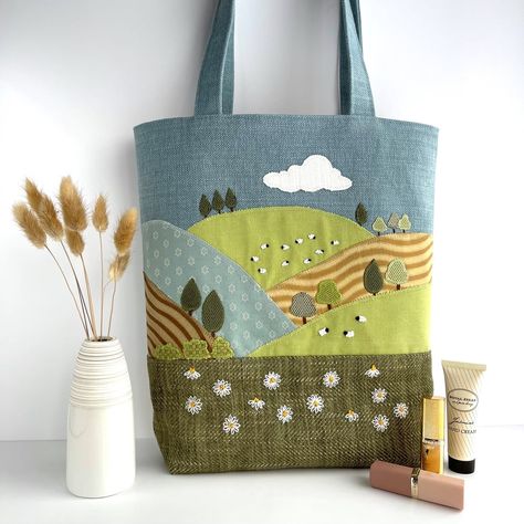 Ploughed Fields, Fabric Bag Design, Blue Upholstery Fabric, Embroidered Daisies, Bag With Embroidery, Handmade Tote Bags, Canvas Bag Design, Handmade Fabric Bags, Diy Bag Designs