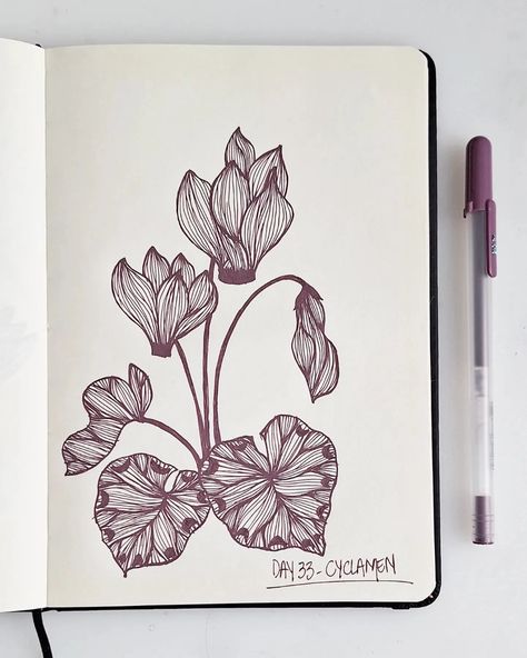 Flower Pen Art Simple, Cyclamen Flower Drawing, Cyclamen Flower Aesthetic, Cyclamen Tattoo, Floral Linework, Flowers To Draw, Cyclamen Flower, Arabian Architecture, Gel Pen Drawings