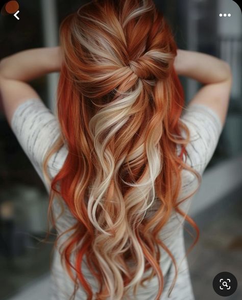 Fun Auburn Hair Color Ideas, Red Hair Highlights Blonde, Hair Ideas For Blondes Color, Blonde Vivid Hair, Blonde Hair Orange Tips, Hair Red Blonde Highlights, Copper And Platinum Hair, Red Hair Color Ideas For Short Hair, Copper Red And Blonde Hair