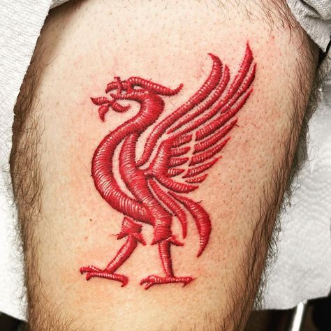 TIM BECK on Instagram: “Large Liverpool Football Club patch style tattoo on upper thigh. Thank you Preston! Also check out my buddy @dansmithism ‘s take on this.…” Patch Style Tattoo, Liverbird Tattoo, Lfc Tattoo, Liverpool Fc Tattoo, Liverpool Tattoo, Strong Tattoos, Unusual Tattoo, Stitch Tattoo, D Tattoo