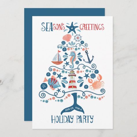 Nautical Sea Tree Coastal Christmas Party Invitation Tropical Christmas Cards, Seas And Greetings, Beach Christmas Tree, Beach Christmas Card, Beach Christmas Trees, Coastal Holiday, Nautical Christmas, Christmas Card Inspiration, Tropical Christmas