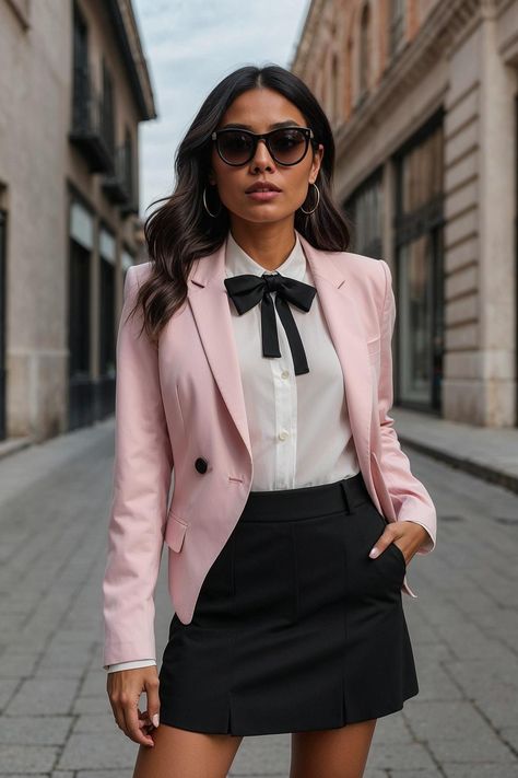 Elevate your style with this sophisticated blush pink blazer paired with a classic white shirt and playful black skirt. The statement bow tie adds a touch of femininity, while oversized sunglasses complete the look with an air of mystery. Perfect for brunch dates or office meetings, this outfit embodies the essence of modern elegance. Unleash your inner fashionista! Pink Blazer Outfit Classy, Blush Blazer Outfit, Colorfull Style, Pink Blazer Outfit, Blush Blazer, Brunch Dates, Classic White Shirt, Blazer Outfit, Pink Blazer