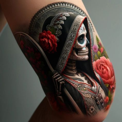 Dia De Los Muertos Tattoo Ideas, Mexican Heritage Tattoos, Female Grim Reaper, Aztec Tattoo Designs, Aztec Tattoo, Mexican Heritage, Dark Art Tattoo, Aztec Art, Arm Tattoos