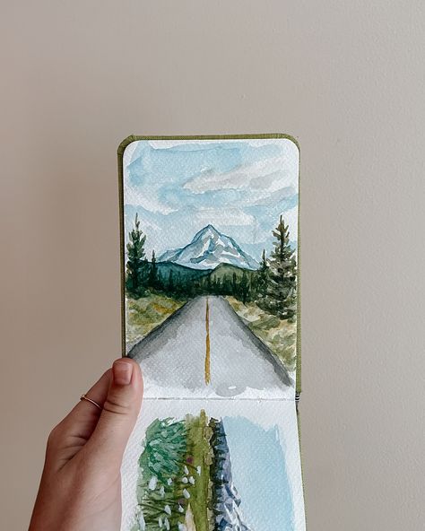 little watercolor sketches from the road🫶🏼 I’ve had so much fun painting these!! I haven’t done watercolor in years but wanted something I could easily pack on our road trip — this was the perfect solution🤩 most of these were painted in the car driving from town to town! They are also doubling as “studies” for me to turn into larger oil paintings! Help me decide which ones to paint when I’m home — what’s your favorite?! p.s. Charlie played me this song when we were “just friends” (idk how ... Road Trip Sketch, Road Watercolor, Large Oil Painting, Watercolour Inspiration, Artist Sketchbook, Car Driving, Interior Design Art, Watercolor Sketch, Landscape Artist