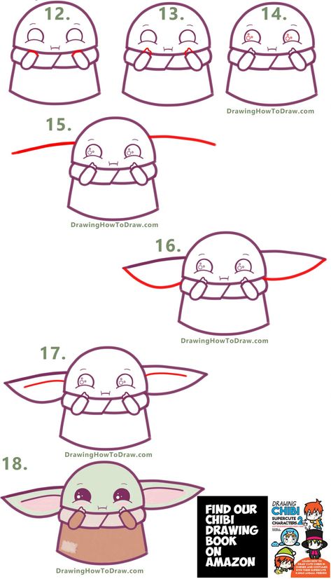 How to Draw a Cute Cartoon Baby Yoda (Kawaii / Chibi) Easy Step by Step Drawing Tutorial – How to Draw Step by Step Drawing Tutorials Chibi Easy, Yoda Drawing, Easy Step By Step Drawing, Draw Step By Step, Pola Sulam, Easy Doodle Art, Easy Doodles Drawings, Drawing Tutorial Easy, Happy Drawing