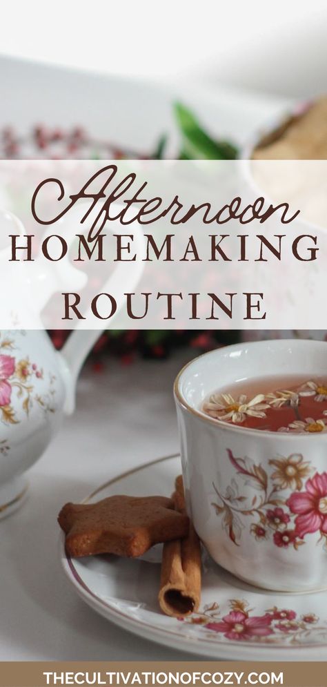 text states "Afternoon Homemaking Routine" and "the cultivation of cozy dot com". the background picture features a table with white tablecloth and a tea service set with a cookie and cinnamon stick on the saucer. Tea in the cup has chamomile flowers floating in it. Afternoon Routine Ideas, Homemaker Routine, Homemaking Routine, 3d Epoxy Floor Designs, 3d Epoxy Floor, Afternoon Routine, Epoxy Floor Designs, Epoxy Floor 3d, Simple Living Lifestyle