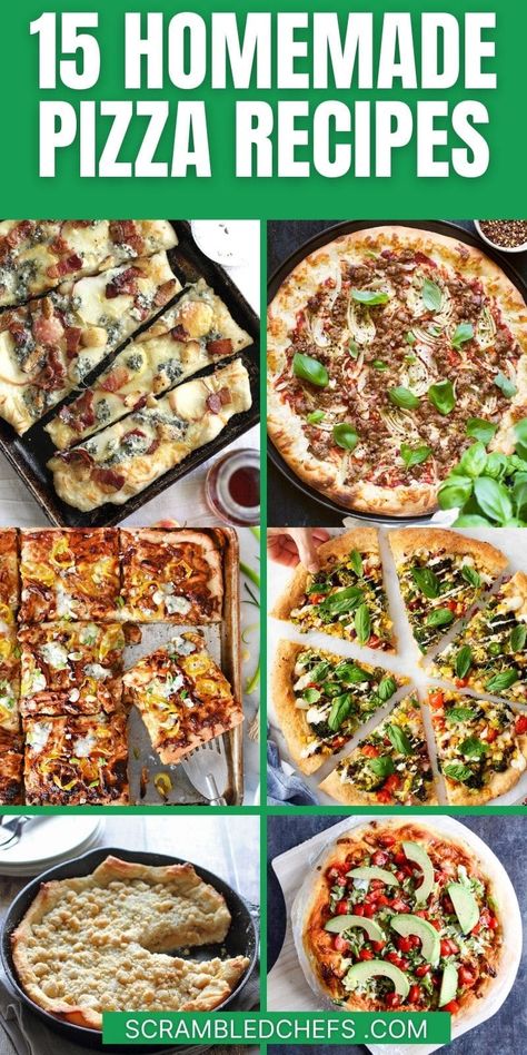 Make one of these delicious homemade pizza recipes for the ultimate Friday night pizza night with the family! Tons of tasty updated pizzas! This list includes a vegan pizza, chicken tikka masala pizza, Thanksgiving pizza, Chicago style pizza, and many more! Homemade Pizza Flavors, Thanksgiving Pizza, Tikka Masala Pizza, Pizza Chicago, Homemade Dough Recipe, Friday Night Pizza, Meatball Pizza, Ham Pizza, Pizza Chicken