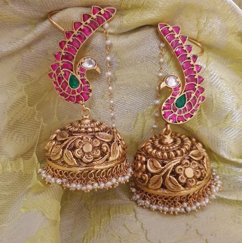 Ear Cuff Jhumkas, Earcuffs Earrings Indian, Ear Cuffs Gold Indian, Full Ear Earrings, Ear Cuffs Gold, Ruby Jewelry Necklaces, Vintage Indian Jewelry, Small Earrings Gold, Neck Pieces Jewelry