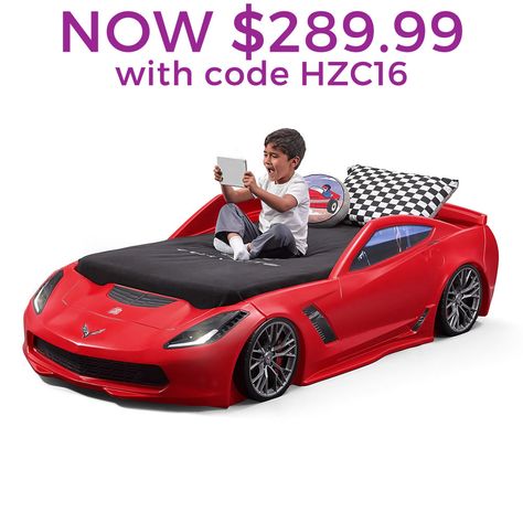 The Z06 Corvette® Toddler to Twin Bed by Step2 will have every miniature racer revving their engines. Little ones will enjoy the thrill of having their very own Z06 Corvette® with the tap-on headlights, sleek silver rims and realistic decals. This kid’s car bed will last through multiple children as it can easily convert from a toddler (crib) mattress to a twin mattress. Youngsters will go from zero to bedtime at 100 smiles per hour with this durable kid’s car bed.Made in USA of US and import... Car Bed Aesthetic, Car Beds For Boys, Car Bedroom Ideas, Beds For Boys, Car Bedroom Decor, Race Car Bedroom, Toddler Car Bed, Cars Bedroom Decor, Z06 Corvette