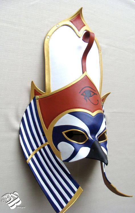 Second of three custom masks. This is Horus, Falcon-headed Egyptian god associated with the Pharaohs and unifier of Upper and Lower Egypt. A rather "tall" order, the customer wanted an extra large ... Egyptian Horus, Egypt Gods, Egyptian Mask, Cardboard Mask, Ancient Egyptian Deities, Costume Carnaval, Japanese Fox, Egyptian God, Leather Mask