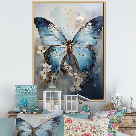 This beautiful "Butterfly Ethereal Blues Form Abstract Elegance" Framed Canvas Art is printed using the highest quality fade resistant ink on canvas. Every one of our Animals Framed Wall art is printed on premium quality cotton canvas. Mural Butterfly, Beautiful Bedroom Colors, Painting Butterfly, Birds In The Sky, Butterfly Canvas, Butterfly Wall Decor, Butterfly Pictures, New Painting, Beautiful Bedroom