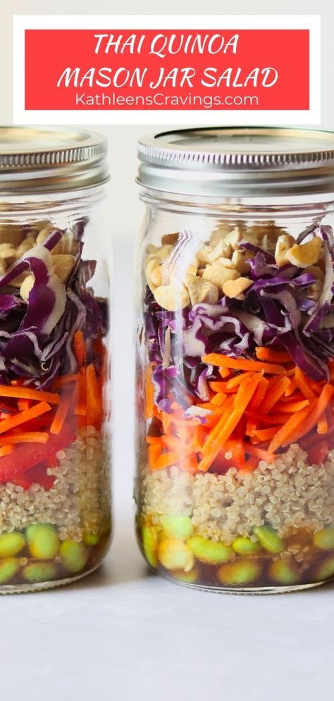 Thai Quinoa Mason Jar Salads are perfect for meal prepping healthy lunches (or dinners) for the week. Loaded with vegetarian protein and filling fiber. Layer up the ingredients in jars then dump a jar in a bowl when ready to eat! Quinoa Mason Jar Recipes, Mason Jar Buddha Bowl, Raw Vegan Mason Jar Meals, Mason Jar Salad Recipes High Protein, Mason Jar Meal Prep Vegetarian, Salad Jar Recipe, Mason Jar Salad Recipes, Sunday Meal Prep, Mason Jar Salad