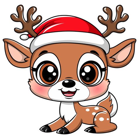 Kawaii Reindeer with Santa's Hat Vector #reindeer #kawaii #santa #christmas #christmasdecor #christmastime #vector #vectorart #illustration #illustrator Reindeer Clipart Christmas, Jenga Painting, Reindeer Drawings, Kawaii Reindeer, Christmas Cartoon Pictures, Santa Drawing, Santa Hat Vector, Santa Illustration, Reindeer Drawing