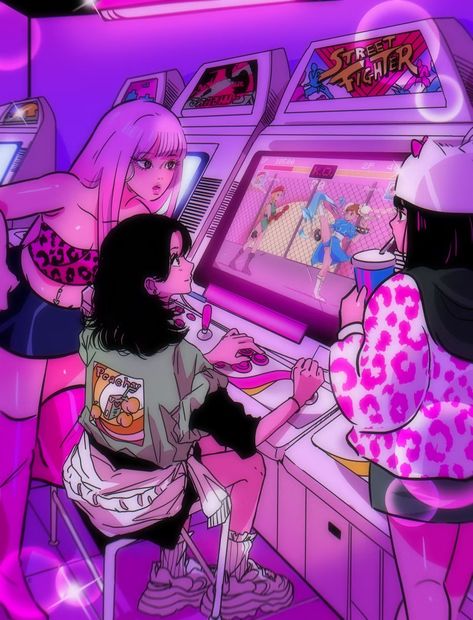 Arcade Weekend | Foundation Stephanie Priscilla, Arcade Art, Vaporwave Art, Arte Punk, Friends Art, Arte Cyberpunk, Arcade Game, 90s Anime, Anime Wall Art