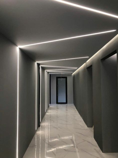 Led Stripe Ceiling Lights, Hallway Strip Lighting, Led Ceiling Strip Light, Led Strip Ceiling Lighting Ideas, Ceiling Led Strip Lighting Ideas, Led Strips Ideas, Strip Ceiling Lights, Faux Plafond Led, Strip Lighting Ceiling