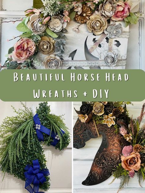 21 Beautiful Horse Head Wreaths + DIY Ideas - Pink Pop Design Horse Head Wreath Pattern, How To Make A Horse Head Wreath, Diy Horse Wreath, Horse Wreath Diy, Diy Horse Head Wreath, Horse Wreaths For Front Door, Horse Head Wreath Tutorial, Horsehead Wreath, Horse Ornaments Diy