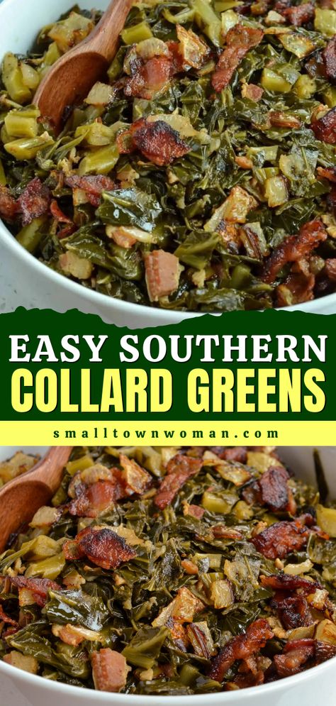 Your Easter menu ideas must have these southern-style collard greens! They will become one of your favorite Easter side dishes. Simmered with bacon, onion, and garlic, these easy Southern Collard Greens are absolutely delicious! Best Easy Thanksgiving Recipes, Thanksgiving Greens Recipes, Bbq Thanksgiving Sides, Things To Take To Thanksgiving Dinner, Southern Collard Greens With Bacon, Southern Recipes Side Dishes, Thanksgiving Traditional Food, Sunday Dinner Sides Ideas, Greens For Thanksgiving Dinner