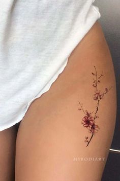 Cherry Blossom Flower Tattoo, Blossom Flower Tattoo, Female Energy Tattoo, Thigh Tats, Feminine Thigh Tattoos, Upper Thigh Tattoos, Bohemian Tattoo, Best Leg Tattoos, Hip Tattoos Women