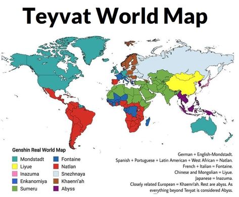 Teyvat Map, Gacha Memes, German English, American West, Read Image, Latin American, Fantasy World, Genshin Impact, World Map