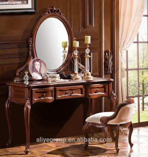 TYZD881-1-Antique dressing makeup table wooden dresser set drawer dressing table with mirror stool Antique Dressing Table With Mirror, Brown Dressing Table, Led Round Mirror, Dressing Table Antique, Dressing Table Mirror Design, Antique Dressing Table, Antique Vanity Table, Dressing Table Modern, French Furniture Bedroom