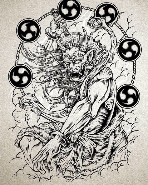 Inking Raijin Work in progress Raijin Tattoo Design, Asura Tattoos, Raijin Tattoo, Monkey Illustration, Flash Designs, Tattoo Lettering Design, Japanese Pop Art, Japan Tattoo Design, Samurai Artwork