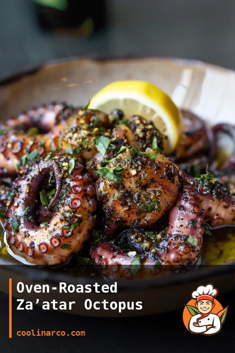 A delicious and flavorful recipe for oven-roasted za’atar octopus. Octopus Recipes Air Fryer, Octopus Grilled Recipes, Octopus And Potatoes Recipe, Baked Octopus Recipes, Octopus Dishes Recipes, Octopus Tentacles Recipe, Whole Octopus Recipes, Octopus Recipes Easy, How To Cook Octopus