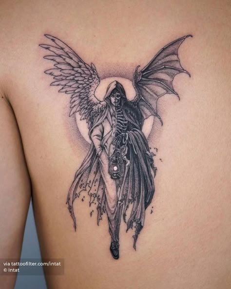 Half angel, half devil tattoo located on the shoulder blade. Angel And Demon Tattoo Design, Demon And Angel Tattoo, Twin Angels Tattoo, Devil Back Tattoo, Gothic Angel Tattoo, Half Angel Half Demon Tattoo For Men, Angel And Demon Tattoo Men, Lucifer Tattoo Design Angel, Good And Evil Angel Tattoo