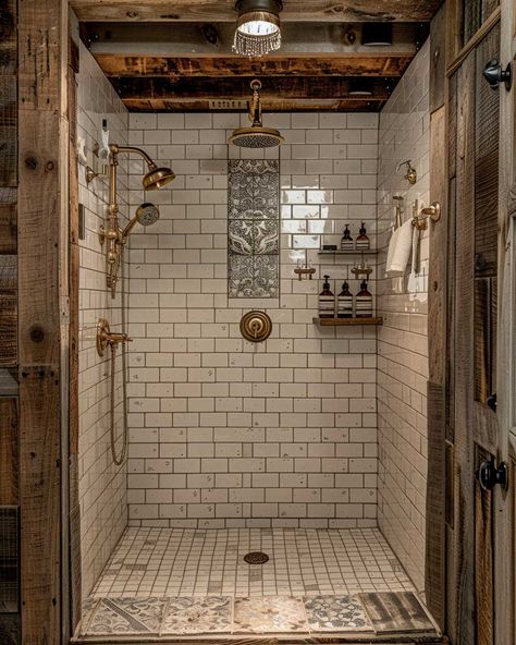 Farmhouse Style Shower Ideas, Cottage Bathroom Shower Ideas, Walk In Shower Rustic, Rustic Walk In Shower Ideas Tile, Waterfall Shower Ideas, Modern Farmhouse Shower Ideas, Walk In Shower Ideas Small Bathroom, Basement Shower Ideas, Shower Stall Remodel