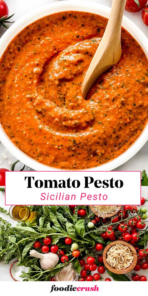 This Sicilian Tomato Pesto recipe puts a vibrant twist on classic pesto!  Sun-dried tomatoes add a burst of sweetness and tang to a blend of fresh basil, garlic, Parmesan cheese, and toasted almonds.  Simple to prepare yet bursting with flavohealthr, it's a delicious sauce for pasta, a spread for bruschetta, or even a flavorful topping for grilled chicken or fish. Tomato Basil Pesto Recipe, Sauces With Tomatoes, Summer Sauce Recipes, What To Do With Too Much Basil, Sun Dried Tomato Pesto Sauce, How To Can Pesto, Too Many Tomatoes Recipes For, Pesto Food Ideas, Pesto And Marinara Pasta