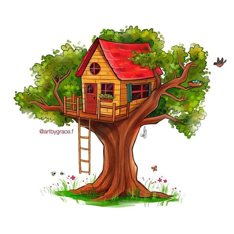 How To Draw A Treehouse, Wood House Drawing, Treehouse Drawing, Knitting Cartoon, Kids Colouring Printables, Tree House Drawing, Simple House Drawing, Pastel Colors Art, House Cartoon