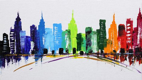 Skyline Painting Easy, City Painting Acrylic Easy, Levi Painting, Abstract Cityscape Painting, Abstract Cityscape, Top Paintings, Skyline Painting, Easy Acrylic Painting, Painting Easy