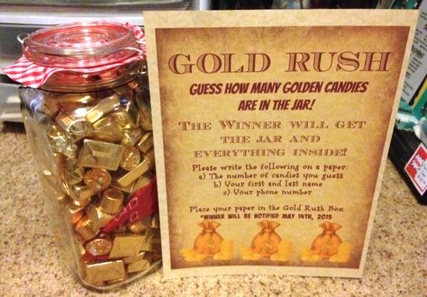 Gold Rush guessing game finished. I put a bandana and sheriff's badges and some other things in there too. Gold Rush Theme Party, Country Western Party Games, Cowboy Themed Games, Wild West Party Favors, Cowboy Christmas Games, Gold Rush Birthday Party, Gold Mining Birthday Party, Western Party Games For Adults, Western Theme Games